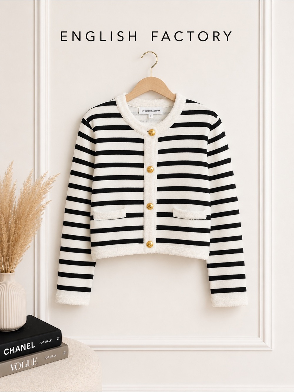 English Factory • Knit Striped Sweater Cardigan • Black & Cream Stripes • Size M